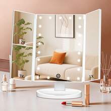 FASCINATE Lighted Makeup Mirror 2X/3X Magnification, Trifold Vanity Mirror With Lights, 21 LED Touch Dimming, Dual Power 180° Rotation Lit Beauty Table Mirror, Makeup Mirror With Lighting - White - View 1