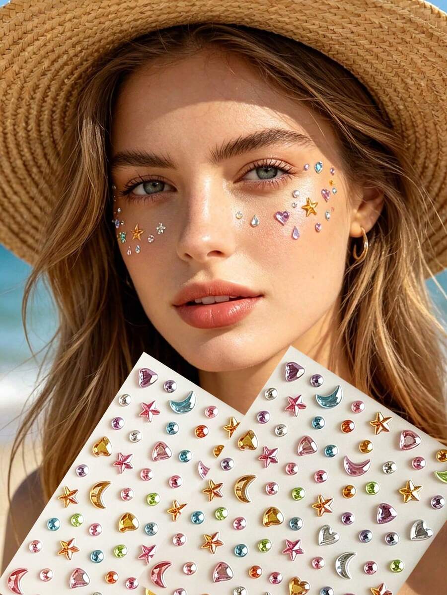2Pcs Of Randomly Arranged Gemstone Stickers With Colors Including Stars, Hearts, Moons, And Multicolored Beads, Suitable For Various Gatherings, Parties, And Girls' Travel Clothes, Waterproof And Durable, Can Be DIY - Multicolor - View 1