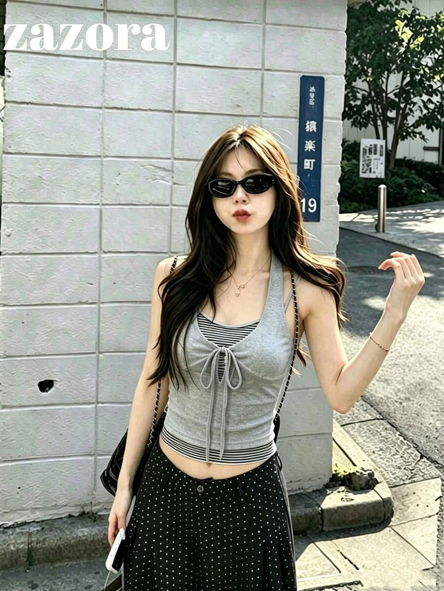 性感設計女款修身顯身材條紋拼接短版 2 合 1 吊帶背心上衣 夏季服飾 - 灰色 - 查看 1