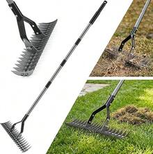 Garden Thatch Rake 1.77M Steel Handle Adjustable Curved Teeth Lawn Moss Remover Leaf Rake Heavy Duty Garden Yard Maintenance Tool - A - View 2