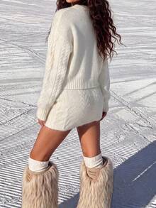 Minimalist Sexy Sexy Women's Soft Fluffy Cable Knit 2 Pieces Set, Autumn/Winter V-Neck Cropped Cardigan + Bodycon Mini Skirt Sweater Set - White - View 10