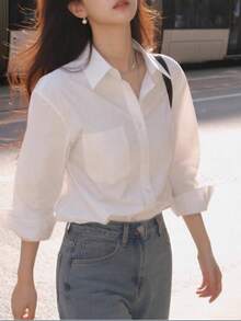 Women's Solid Color Single-Breasted Casual Versatile Daily Wear Shirt White - White - View 2
