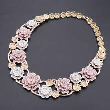Luxury Two-Tone Floral Rhinestone Jewelry Set, Pink Flower Necklace Bracelet Earrings Ring Bridal Formal Outfit Matching Set - 4-piece Set - View 7