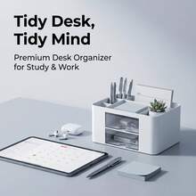 1 pieza Organizador de escritorio con cajón - Caja de almacenamiento de artículos de papelería, soporte de plástico para lápices y accesorios, organizador de suministros de oficina con múltiples compartimentos, soporte para bolígrafos, organizador de maquillaje - Rosa - Ver 7