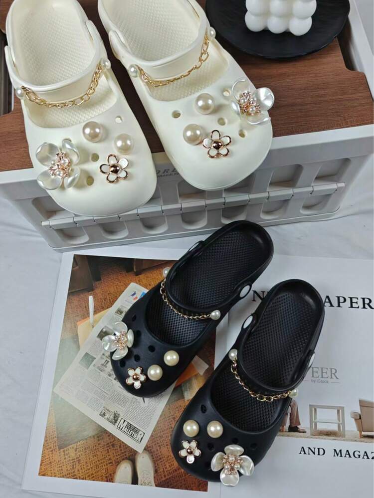Women's Thick Sole Butterfly Pearl Flower Decor Korean Style Summer Mary Jane Ballet Clogs Versatile (Different Batches May Have Different Sole Patterns, This Size Runs Small) - Black - View 7