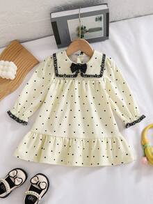 Baby Girl Autumn Elegant Casual Dress With Lace Patchwork Heart Print Fashion Long Sleeve Dress For Outdoor Leisure And Vacation - Champagne - View 3