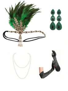 1920年代 Flapper 風格服飾配件套裝，適用婚禮派對活動，含 20s Flapper 頭帶、復古珍珠項鍊、手套，復古風 - 彩色 - 查看 42