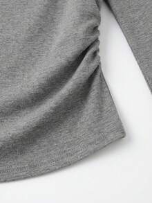Kaos Lengan Panjang Wanita Model Kerah Cowl dan Pinggang Berkerut, Warna Polos, Atasan Kasual Elastis yang Melangsingkan untuk Musim Gugur - Dark Grey - View 6