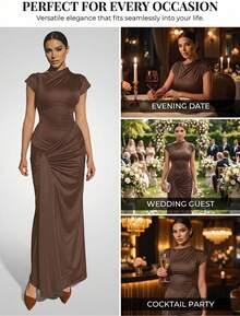 CALEBGAR Women's Elegant Mock Neck Short Sleeve Twist Front Ruched Bodycon Maxi Dress - Brown - View 9