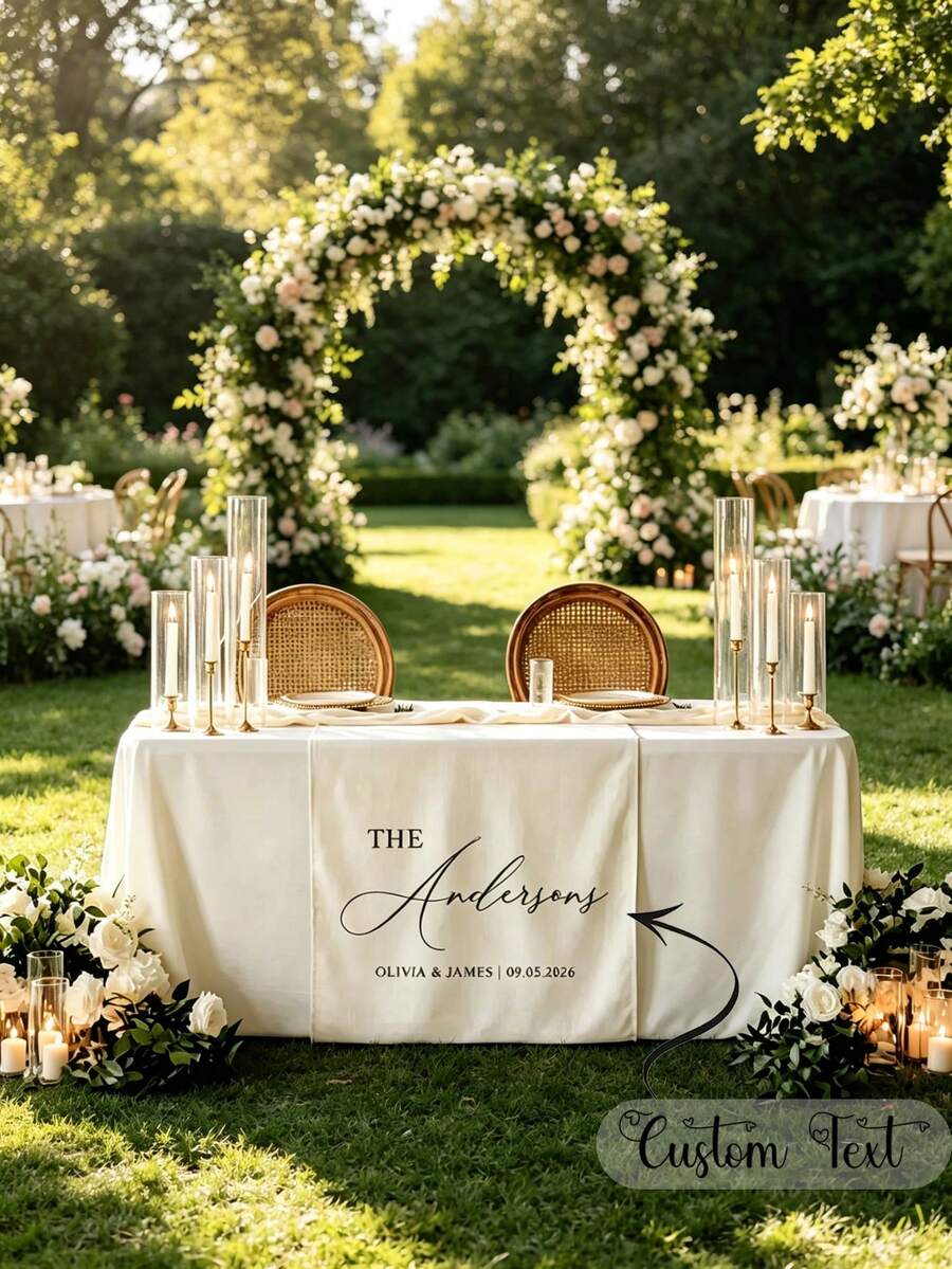 Personalized Wedding Linen Table Runner, Customized Name Banner, Sweet Heart-Shaped Reception Area Decor, Elegant Fabric Sign - Multicolor - View 1