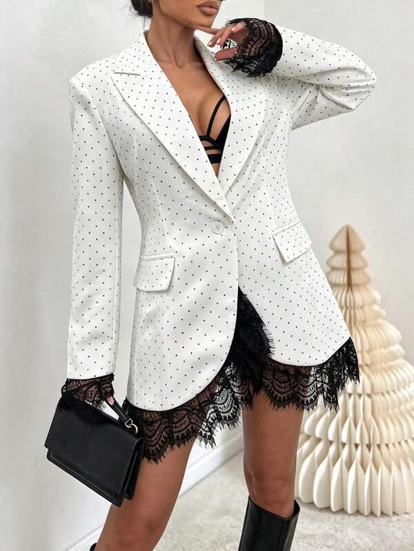 Women's Elegant Casual Lace Trim Polka Dot Blazer, Women's White Single Button Notch Lapel Long Sleeve Blazer, Suitable For Office, Daily, Shopping