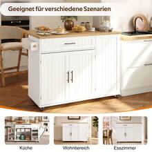 Mobile Kitchen Island With Folding Worktop, Trolley, Storage Cabinet, Bin Cabinet, Shelf Above The Door, Lockable Casters, 130 * 45 (70) * 93 Cm. - White + Wood Tone - View 4