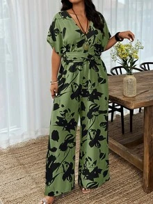 Weeklong Pantalones de pierna recta con cintura ceñida, estampado floral de unicolor, adecuados para uso diario y vacaciones, talla grande para mujeres con cuello en V - Multicolor 6 - Ver 1