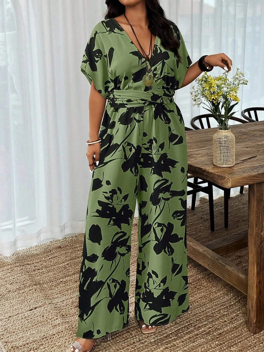 Weeklong Pantalones de pierna recta con cintura ceñida, estampado floral de unicolor, adecuados para uso diario y vacaciones, talla grande para mujeres con cuello en V - Multicolor 6 - Ver 1