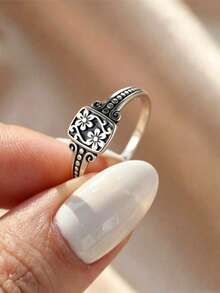 Anello quadrato in argento puro annerito, con un design retrò e unico, un regalo perfetto per le signore per appuntamenti, feste o San Valentino - argento antico - Visualizzare 2