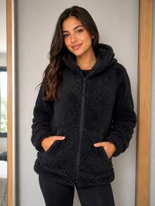 Women's Faux Fur Hooded Zipper Jacket - Black - View 1