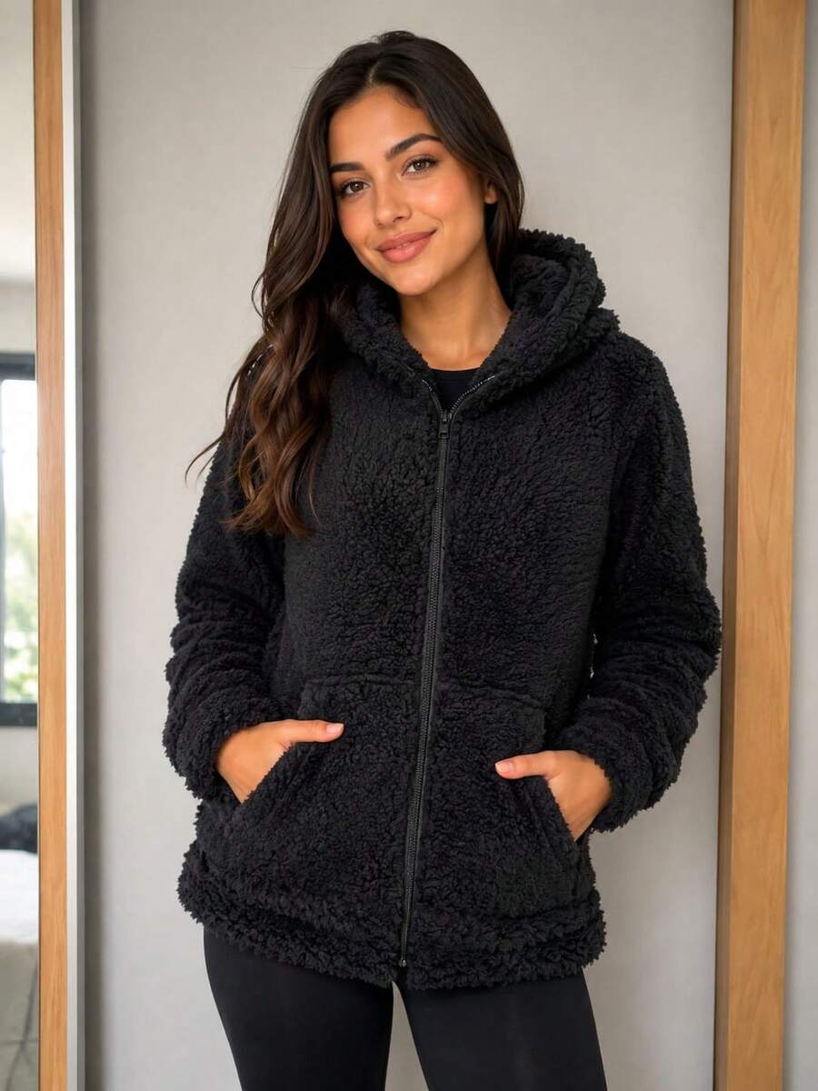 Women's Faux Fur Hooded Zipper Jacket - Black - View 1