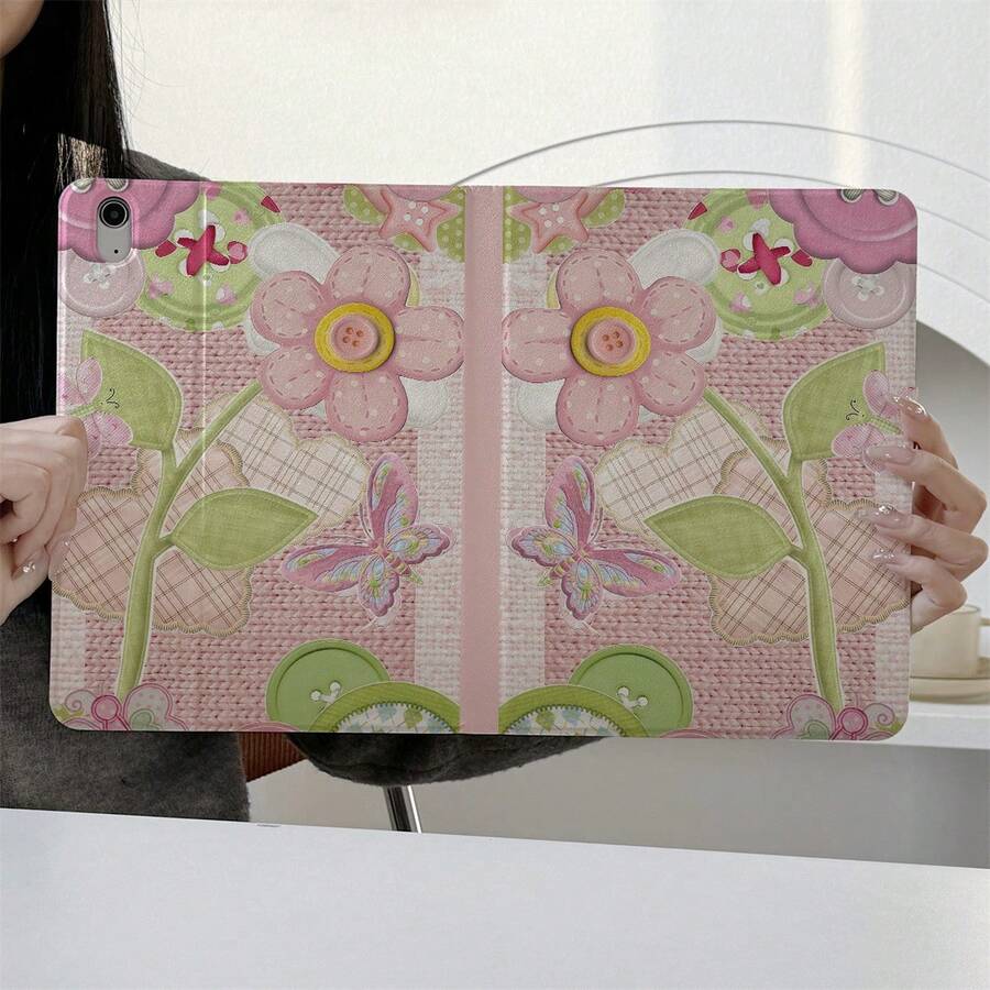 1pc Vintage Fabric Patchwork Button Flower Butterfly Print Tablet Protective Case, With Pen Slot, Multi-Angle Magnetic Stand Cover, Supports Auto Sleep/Wake, Compatible With IPad PRO/AIR, Pad 5/6/7, Pad, MatePad, Pad, Honor Pad, Pad - Multicolor - View 1