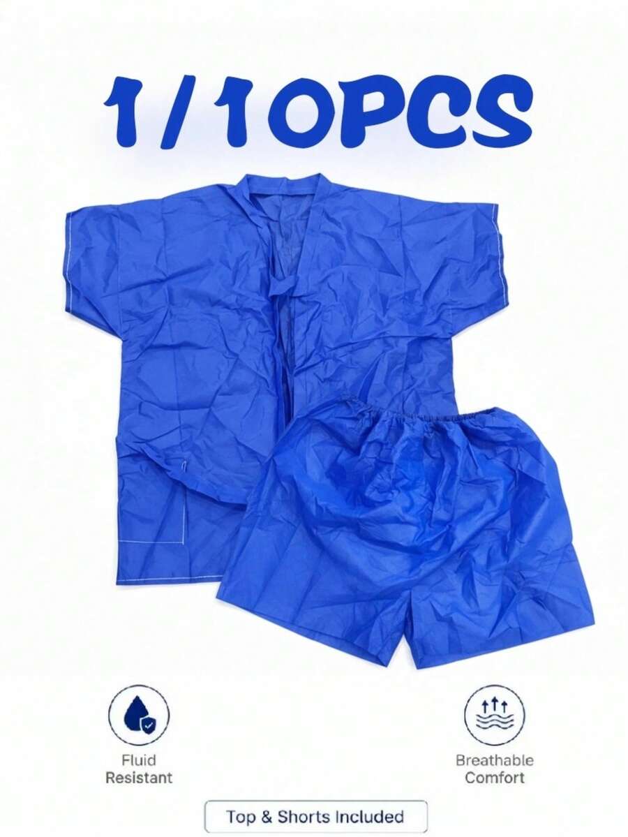 1/10pcs Spa Robe Set, Reusable Bathrobe Set, Waterproof And Breathable, Suitable For Salon Massage Travel, Protective Top And Shorts, Lightweight Body Cover-Up, Shorts, Short Sleeve