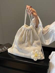 女款鉤編抽繩後背包，編織沙灘包，休閒波希米亞風夏季旅行日常大容量日用包，學生書包，大學校園用 - 白色 - 查看 5