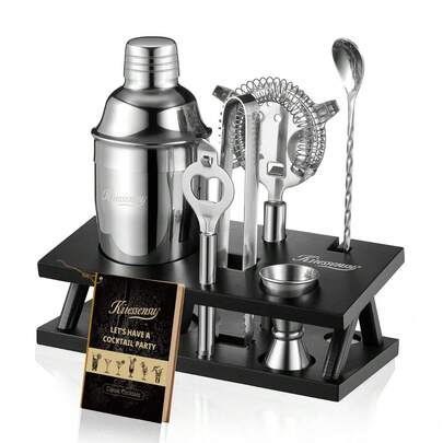 Cocktail Shaker Set Bartender Kit With Stand | Bar Set Drink Mixer Set With All Essential Accessory Tools: Martini Shaker, Jigger, Strainer, Mixer Spoon, Muddler, Liquor Pourers |Silver