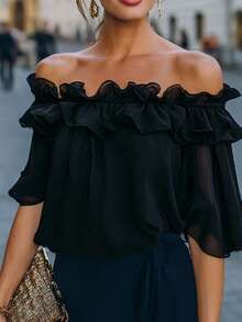 2026 New Off-Shoulder Top, Navy Blue Shirt, Ruffle Top, Double Layer Ruffle, Dark Blue Solid Color, Midnight Blue, Plus Size Friendly Black Summer - Black - View 5