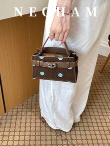 1件荔枝紋理不對稱肩背包 小號斜挎包 復古極簡手提Kelly方包 女款 適合購物、上班、約會 - 咖啡 - 查看 3