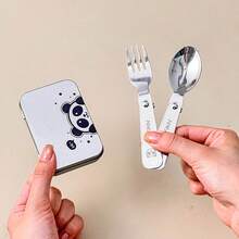 Portable Foldable Cutlery Set With Cute Cartoon Pattern, Reusable Travel Tableware Set, 304 Stainless Steel Folding Fork Spoon With Storage Box, Flatware Set For Student Adult Use In School, Office, Outdoor Camping, Picnic, Travel, Back To School - Multicolor - View 2