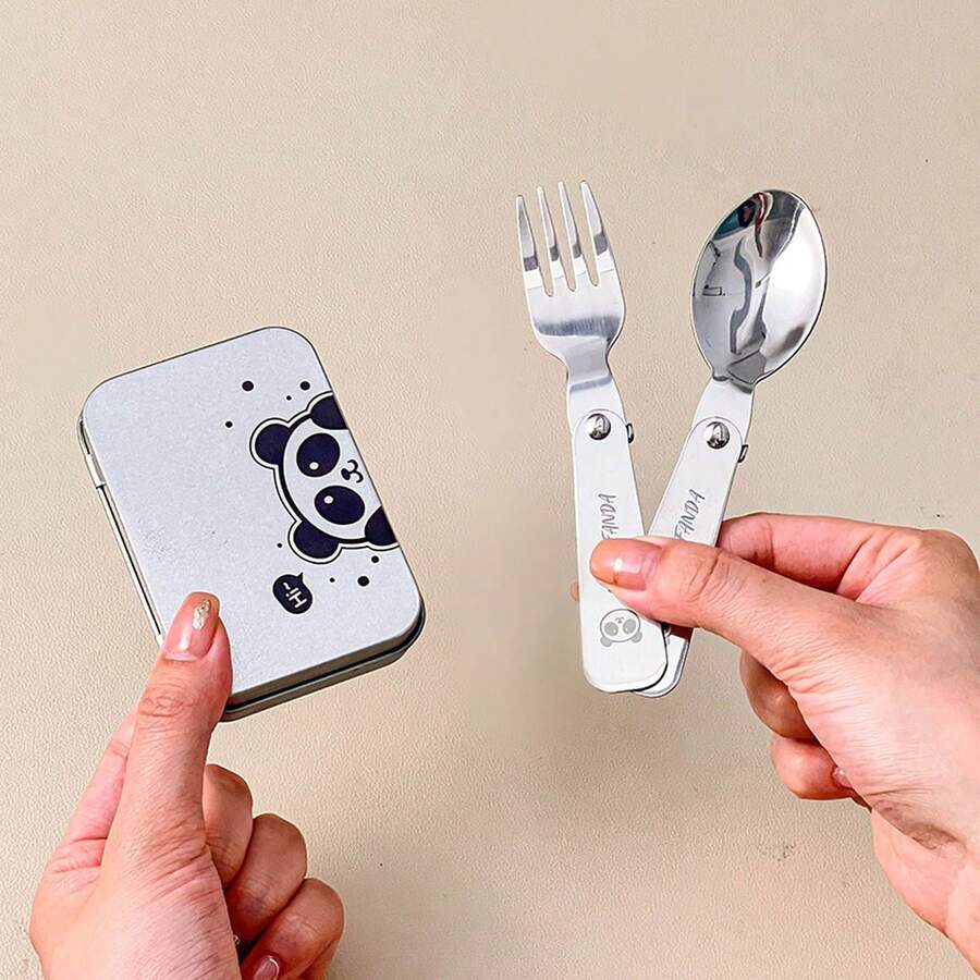 Portable Foldable Cutlery Set With Cute Cartoon Pattern, Reusable Travel Tableware Set, 304 Stainless Steel Folding Fork Spoon With Storage Box, Flatware Set For Student Adult Use In School, Office, Outdoor Camping, Picnic, Travel, Back To School