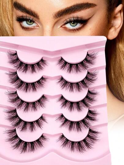 ENCHUW 5 Pairs 3D Fake Eyelashes Natural Lashes Natural Look Short False Eyelashes Pack Reusable False Lashes Soft Wispy Lashes Fluffy Eye Lashes
