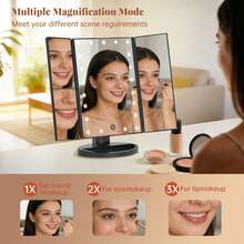 FASCINATE Espejo de maquillaje iluminado con aumento de 2X/3X, espejo de tocador triple con luces, atenuación táctil de 21 LED, espejo de mesa de belleza iluminado con rotación de 180° y doble potencia, espejo de maquillaje con iluminación. - Negro - Ver 4