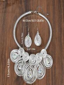 2Pcs Handmade Boho Crystal Jewelry Set, Silver Wire Wrapped Teardrop Necklace & Drop Earrings For Women, Daily Holiday Accessory - Silver - View 2