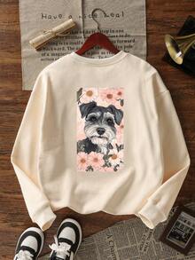 Sweatshirt Wanita Minimalis Terbaru Musim Dingin dengan Motif Anak Anjing, Kerah Bulat Kasual, Modis dan Serbaguna - Aprikot - View 7