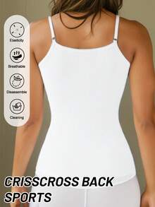 1pc Lace Patchwork Ribbed Tank Top, Solid Color Shaping Camisole, Suitable For Casual And Formal Wear - White - View 2