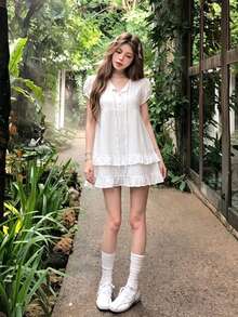 Gaun Mini Musim Panas Manis dengan Hiasan Ruffle dan Tali Leher untuk Wanita Bertubuh Mungil, Warna Putih Elegan - Putih - View 8