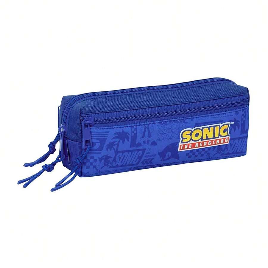 Sega Sonic T Le Pencil Case, Children's School Organizer 22x6x8.5 Cm, 3 Zippered Compartments, Elastic Back To Attach To Notebook Or Folder - Option 2 - View 1