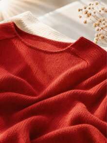 Women's Soft Green Round Neck Sweater, Vintage Fresh, Casual For Spring, Lightweight Solid Color Polyester Ribbed Long Sleeve Sweater For Spring/Autumn Red - Red - View 4