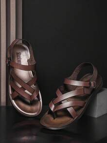 European & American Style Men's Vintage Brown Cross Strap Toe Sandals, Versatile Commuter Breathable Soft Sole Anti-Slip Back Strap Casual Slides - Brown - View 1