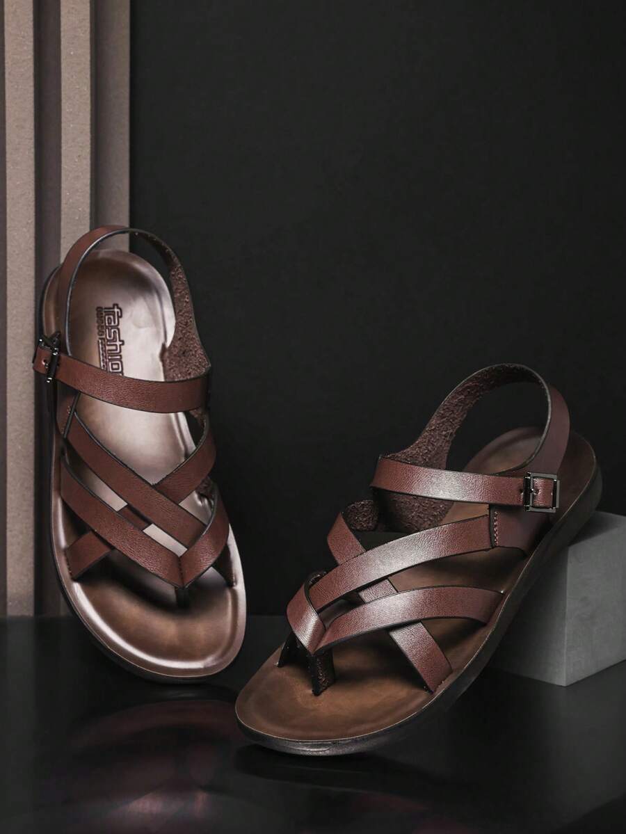 European & American Style Men's Vintage Brown Cross Strap Toe Sandals, Versatile Commuter Breathable Soft Sole Anti-Slip Back Strap Casual Slides - Brown - View 1