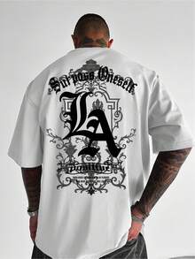 Men's Casual Short Sleeves T Shirt,The Large Size Is Printed On The Back LA Letter Pattern - 100% Polyester Fiber,Breathable And Elastic,Loose Fit Is - 白色 - 查看 1