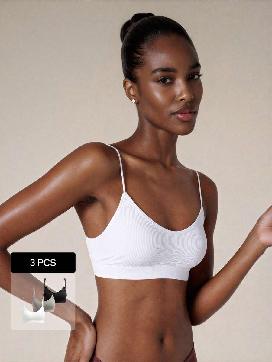 Veilyse 3pcs Ribbed Racerback Seamless Bra Tops, Versatile Layering Undergarmentfor Summerfor Summer - Multicolor - View 1