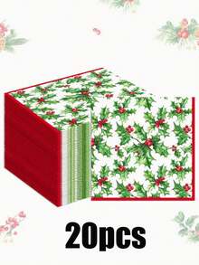 20/1pc Disposable Napkins, Green Plant & Red Berry Pattern, Christmas New Year Gift Party Napkins, Suitable For Christmas Gathering, Christmas Party, Restaurant Decor, Kitchen Decor, Christmas Home Decor, Christmas Gift - One Size Fits All - View 10
