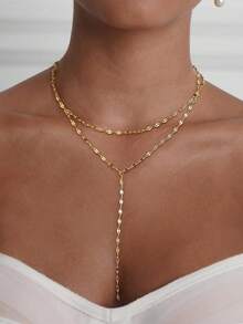 1pc Women's Exquisite Lip-Shaped Long Necklace, 14K Gold Plated Y-Shaped Choker Necklace, Minimalist Layered Jewelry, Gift For Women - Gold - View 1