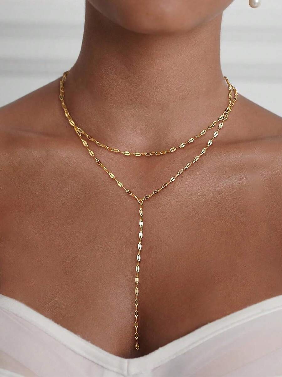 1pc Women's Exquisite Lip-Shaped Long Necklace, 14K Gold Plated Y-Shaped Choker Necklace, Minimalist Layered Jewelry, Gift For Women - Gold - View 1