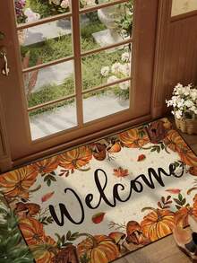 1pc Pumpkin Welcome Letter Pattern Entryway Doormat, Fun Minimalist Style Short Plush Quick-Dry Non-Slip Machine Washable Door Mat, Home Decor, Soft Furnishing Decor, Suitable For Kitchen, Bathroom, Dining Room, Entrance, Party, Gathering, All Seasons, Yard Decoration - Mustard Yellow - View 1