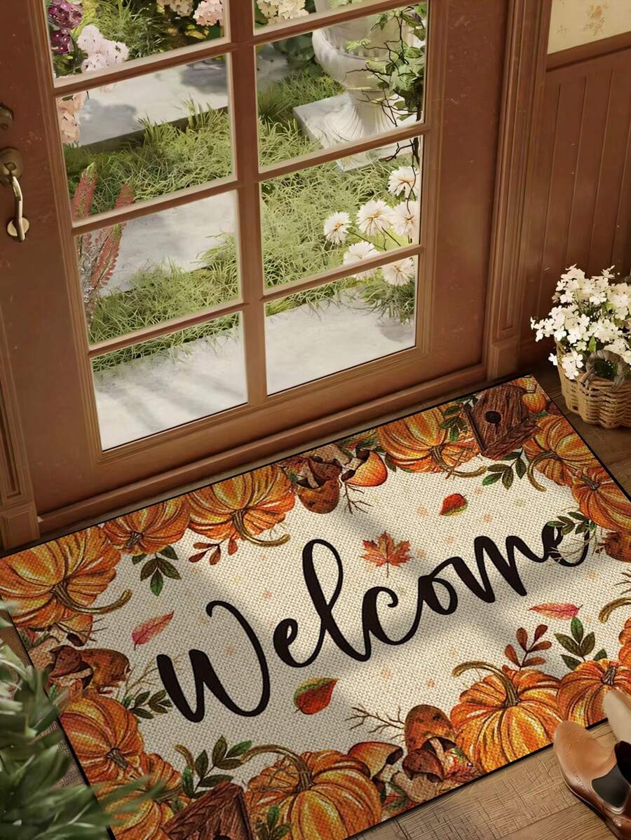 1pc Pumpkin Welcome Letter Pattern Entryway Doormat, Fun Minimalist Style Short Plush Quick-Dry Non-Slip Machine Washable Door Mat, Home Decor, Soft Furnishing Decor, Suitable For Kitchen, Bathroom, Dining Room, Entrance, Party, Gathering, All Seasons, Yard Decoration - Mustard Yellow - View 1