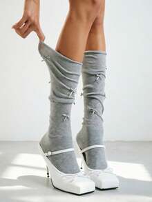 1/2 Paar graue Ballettsocken in Mittellänge, Schleifen-Slouch-Socken, weiße Kniestrümpfe mit umgeschlagener Kante, Schulanfang-Wadensocken für Damen - Verschiedenfarbig - Übersicht 3