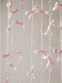 Pink Crystal Beaded Door Curtain With Satin Bow, Room Divider Curtain, Wedding Bedroom Hallway Hanging Decor, Romantic Home Aesthetic Party Decoration Backdrop - Multicolor - View 5