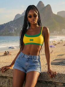 Y2k Summer Spring Outfits  Y2k Slim Fit Brazilian Printed Women Streetwear Crop Top With Two Tone Spaghetti Straps - Yellow - View 5