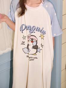 Gongdie Camisón de verano para mujer, vestido de casa de algodón modal suave con manga corta, estampado de pingüino de buenas noches y mangas con lunares en bloques de color - Blanco - Ver 4